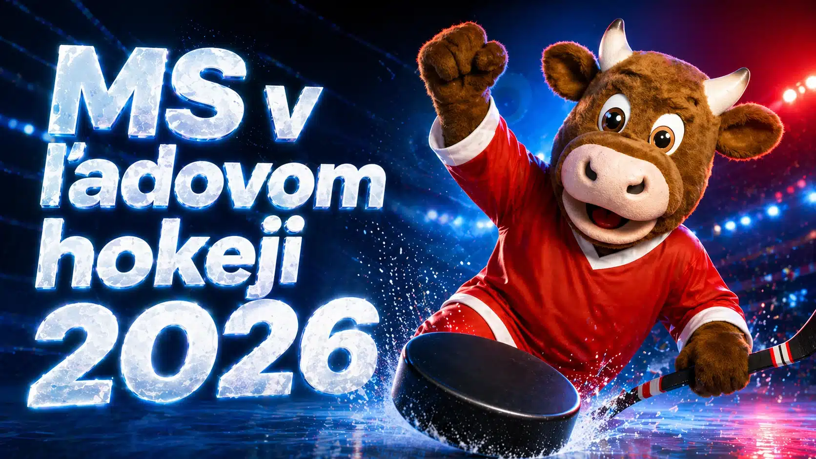 Nápis MS v ľadovom hokeji 2026 s maskotom býka v červenom drese