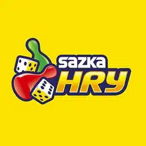 Logo Sazka Hry s hracími kockami a figúrkami na žltom podklade