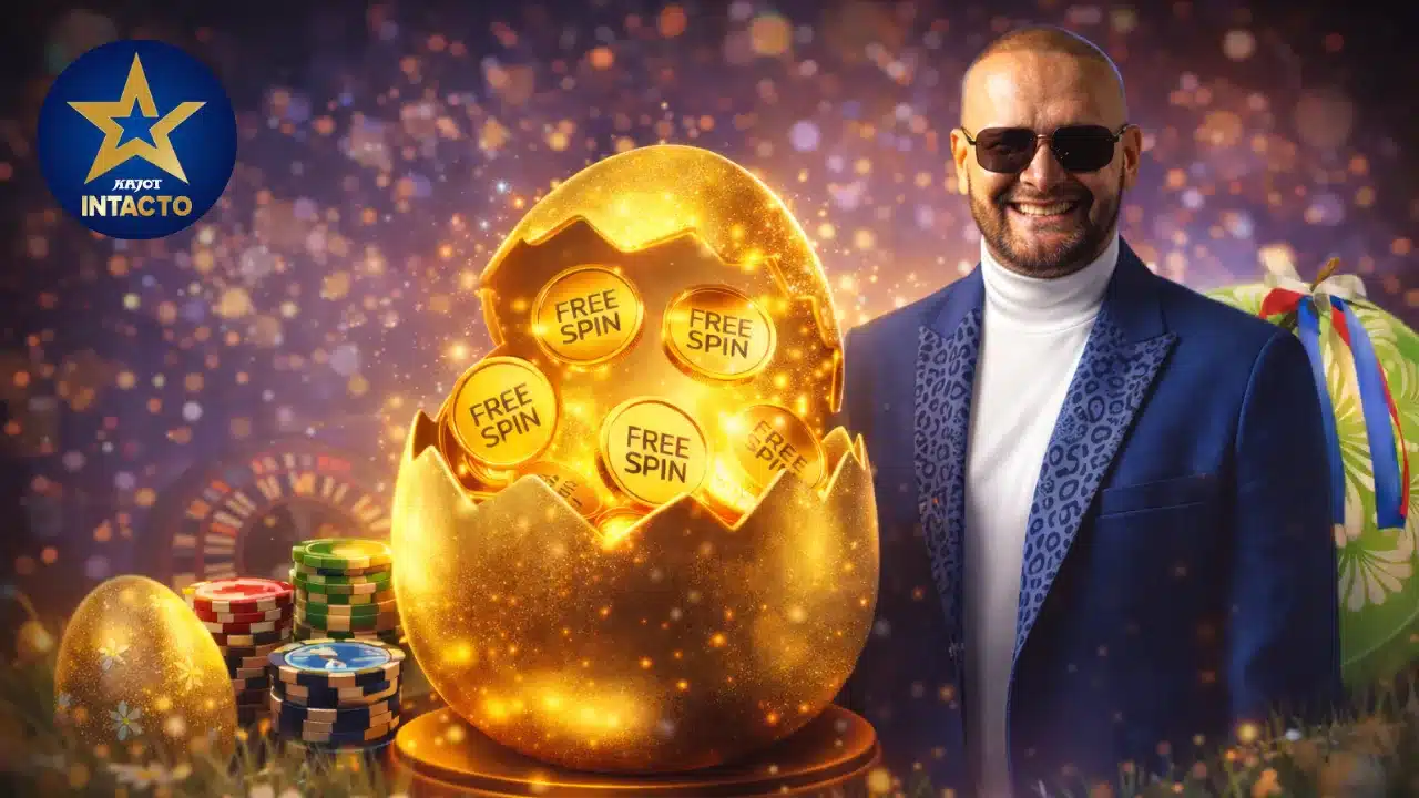 Veľkonočný banner Kajot Intacto so zlatým vajcom a mužom v modrom saku