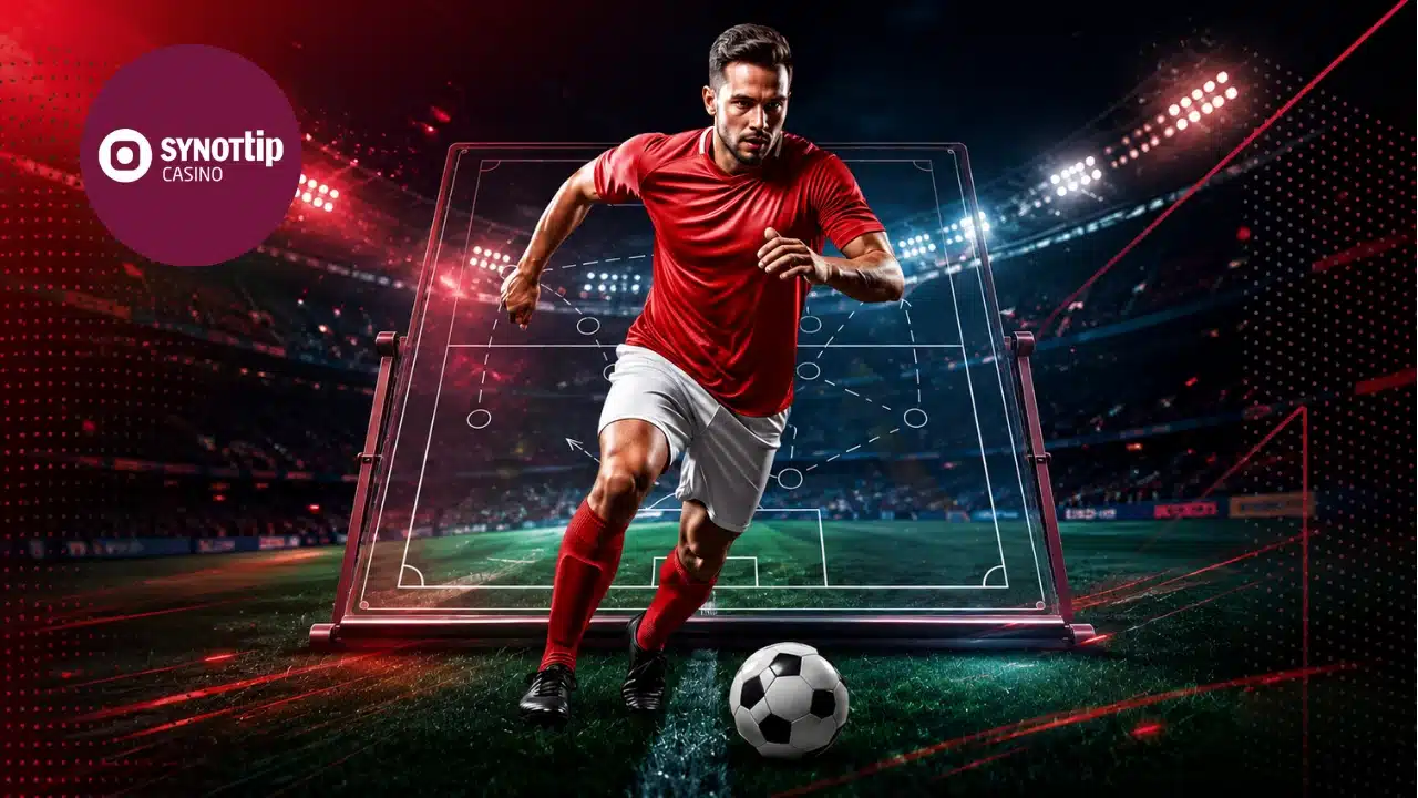 Banner Synottip casino s futbalistom v červenom drese na štadióne