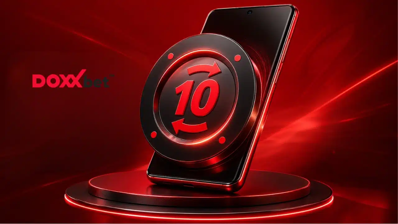 Červený banner Doxxbet s mobilom a žetónom s číslom desať